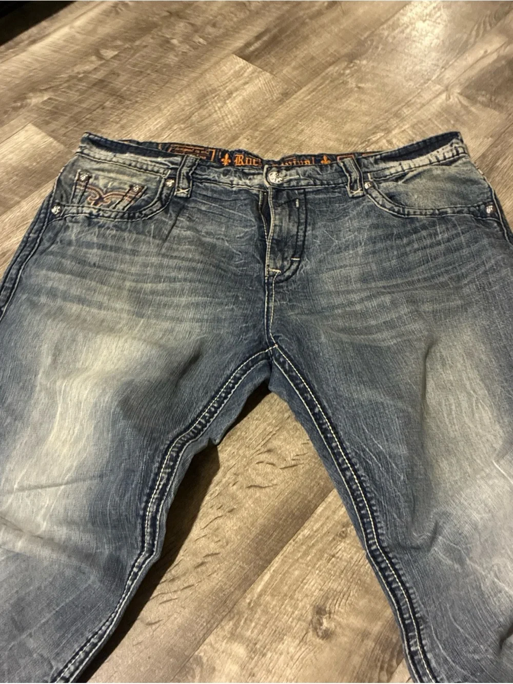 Rock Revival Chopper Relaxed Straight Men's Denim Jeans Thick Stitch SZ 42 Used